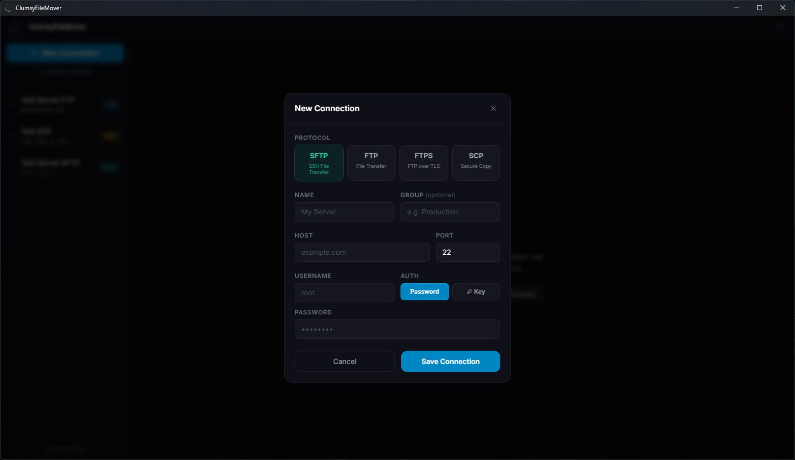 ClumsyFileMover new connection dialog