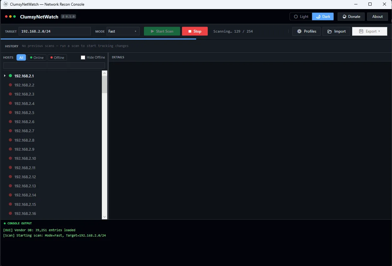 ClumsyNetWatch dark mode with scan in progress