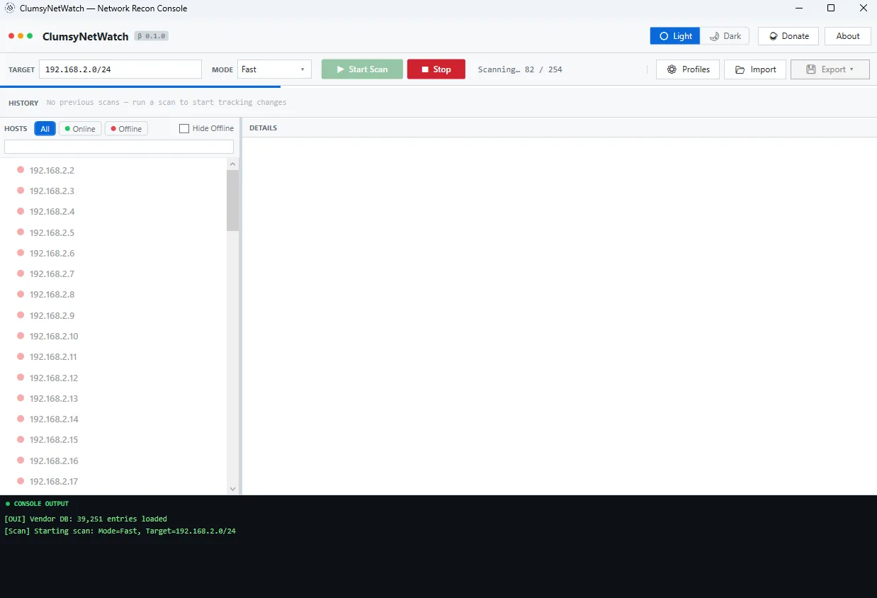 ClumsyNetWatch host discovery view